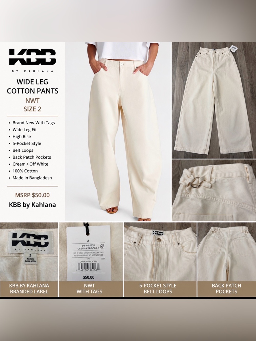 KBB by Kahlana Wide Leg Pants – NWT – Size 2 – Cream/Off White